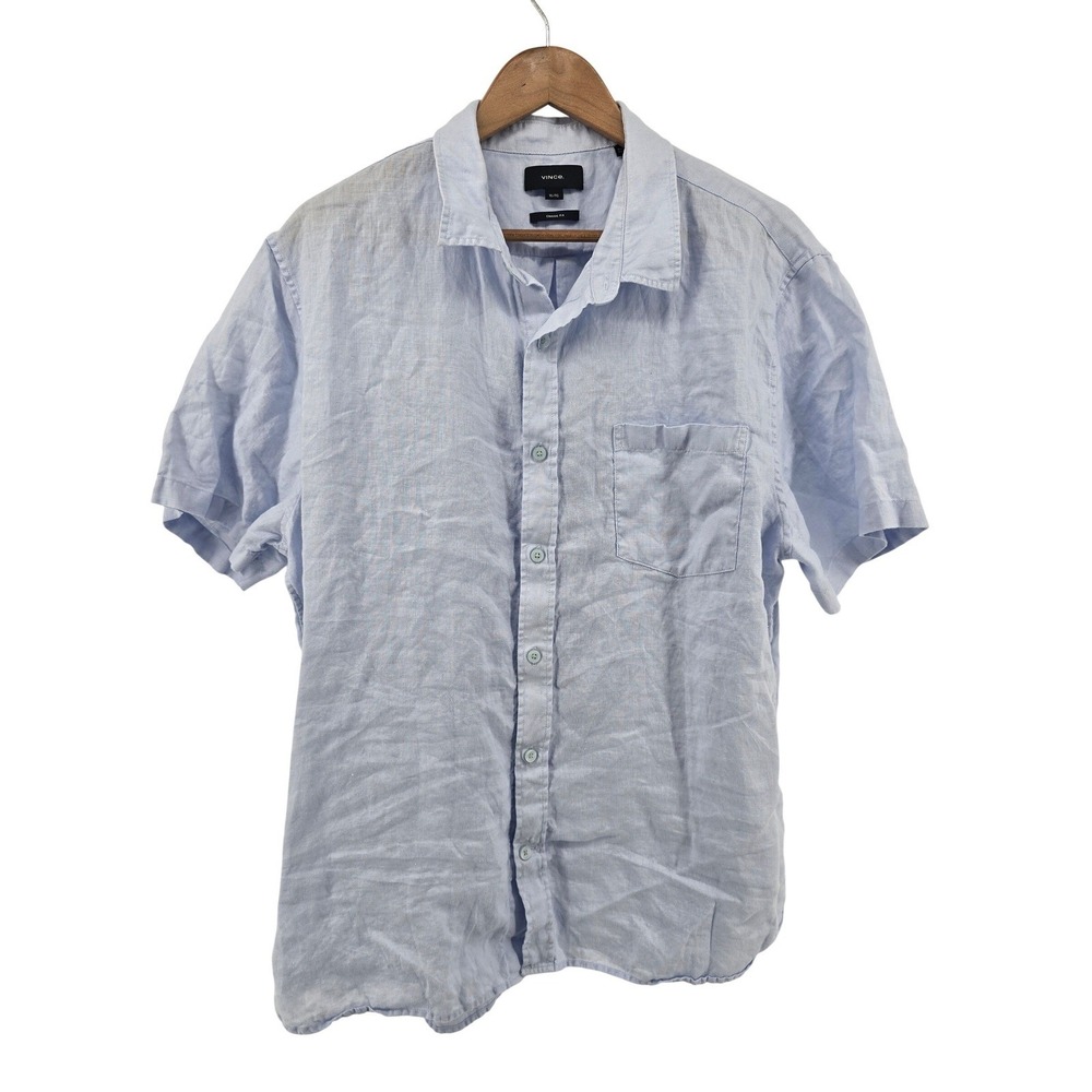 Vince Button Down Shirt Mens XL Light Blue Classic Fit 100% Linen Short Sleeve